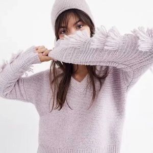 Madewell Purple Frayed Knit V-Neck Sweater